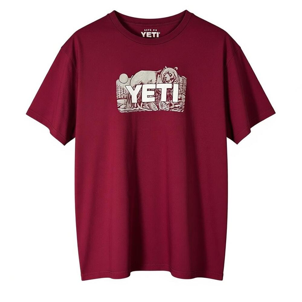 Yeti Outdoors Bear Mountains Forest Men's XL Dark Red T-Shirt Casual Adventure